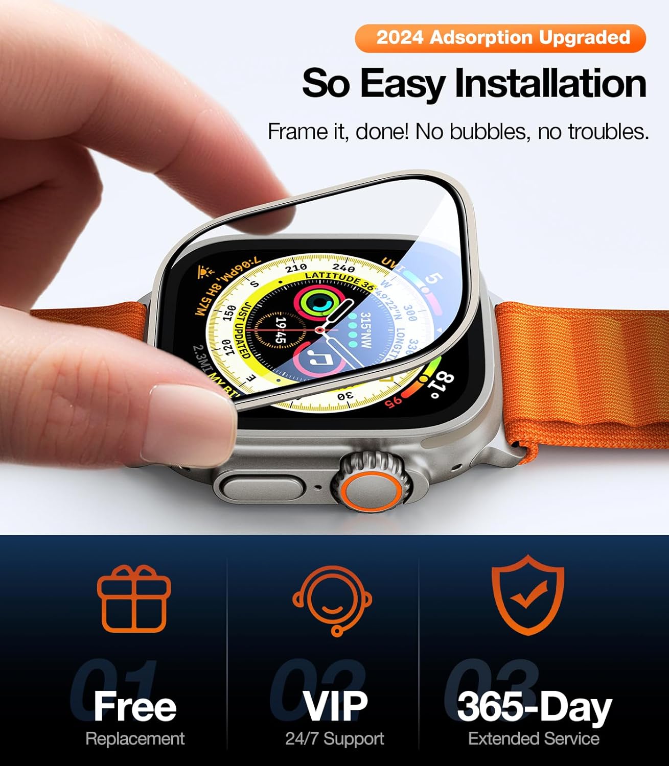 UltraGlass TOP 9H+ Glass for Apple Watch Ultra 2/Ultra Screen Protector (Military Grade Shatterproof & Longest Durable) Original Fit & Full Coverage (Enhanced Titanium Bezel) iWatch Ultra, 2 Pack