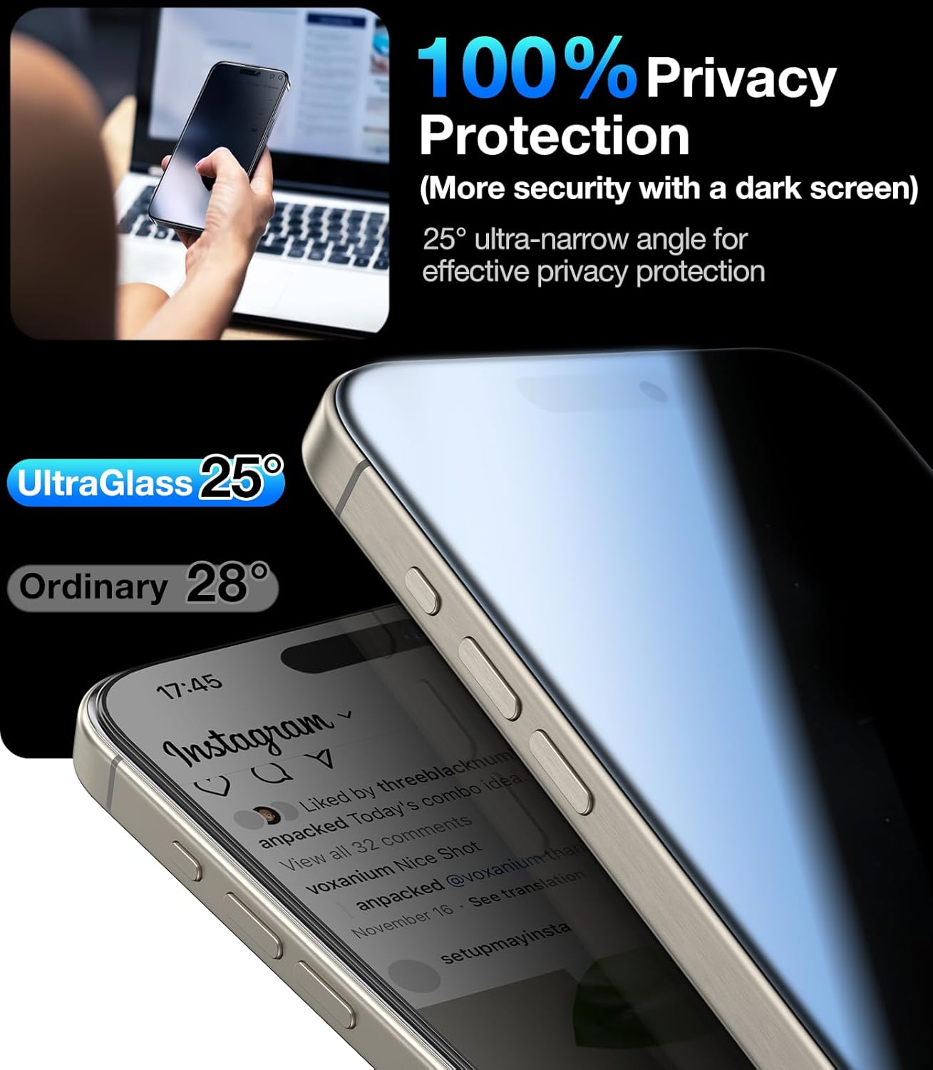 UltraGlass Top 9H+ Glass for iPhone 16 Plus Privacy Screen Protector 2024 [No.1 Military Grade Shatterproof & 100% Anti Spy] Privacy Screen Tempered Glass [Longest Durable] 2 Pack