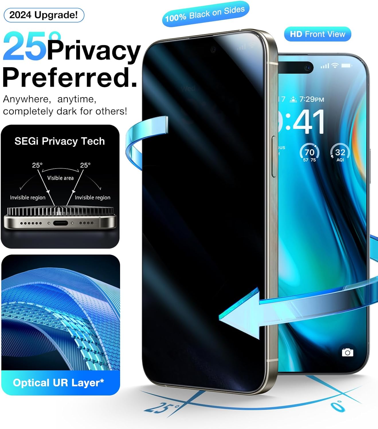 UltraGlass Top 9H+ Glass for iPhone 16 Plus Privacy Screen Protector 2024 [No.1 Military Grade Shatterproof & 100% Anti Spy] Privacy Screen Tempered Glass [Longest Durable] 2 Pack