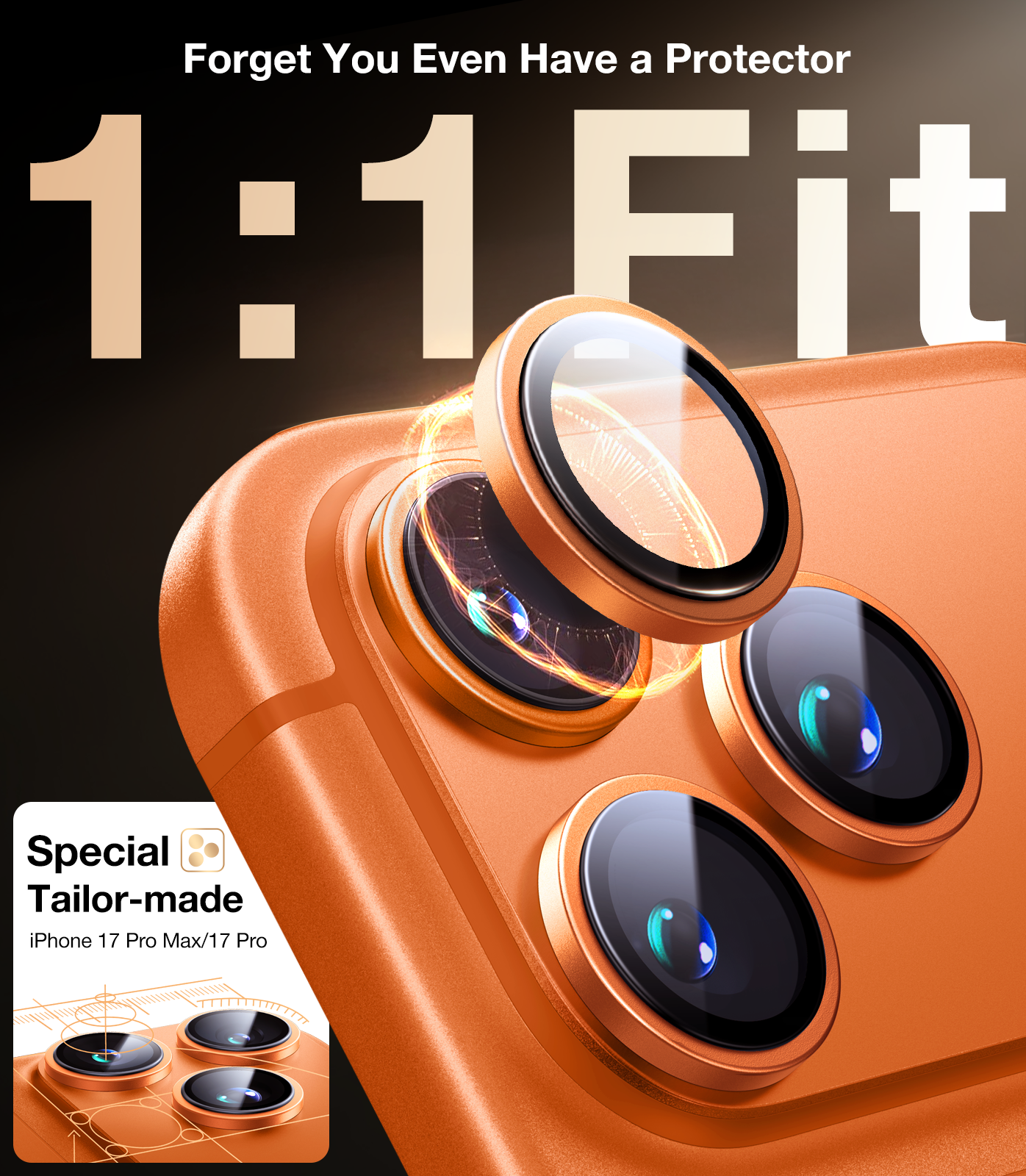 UltraGlass TOP 9H+ Glass for iPhone 17 Pro Max, 17 Pro Camera Lens Protector [NO.1 Military Grade Shatterproof] iPhone 17 Pro Max Camera Protector, 17 ProMax Lens Screen Cover, Cosmic Orange