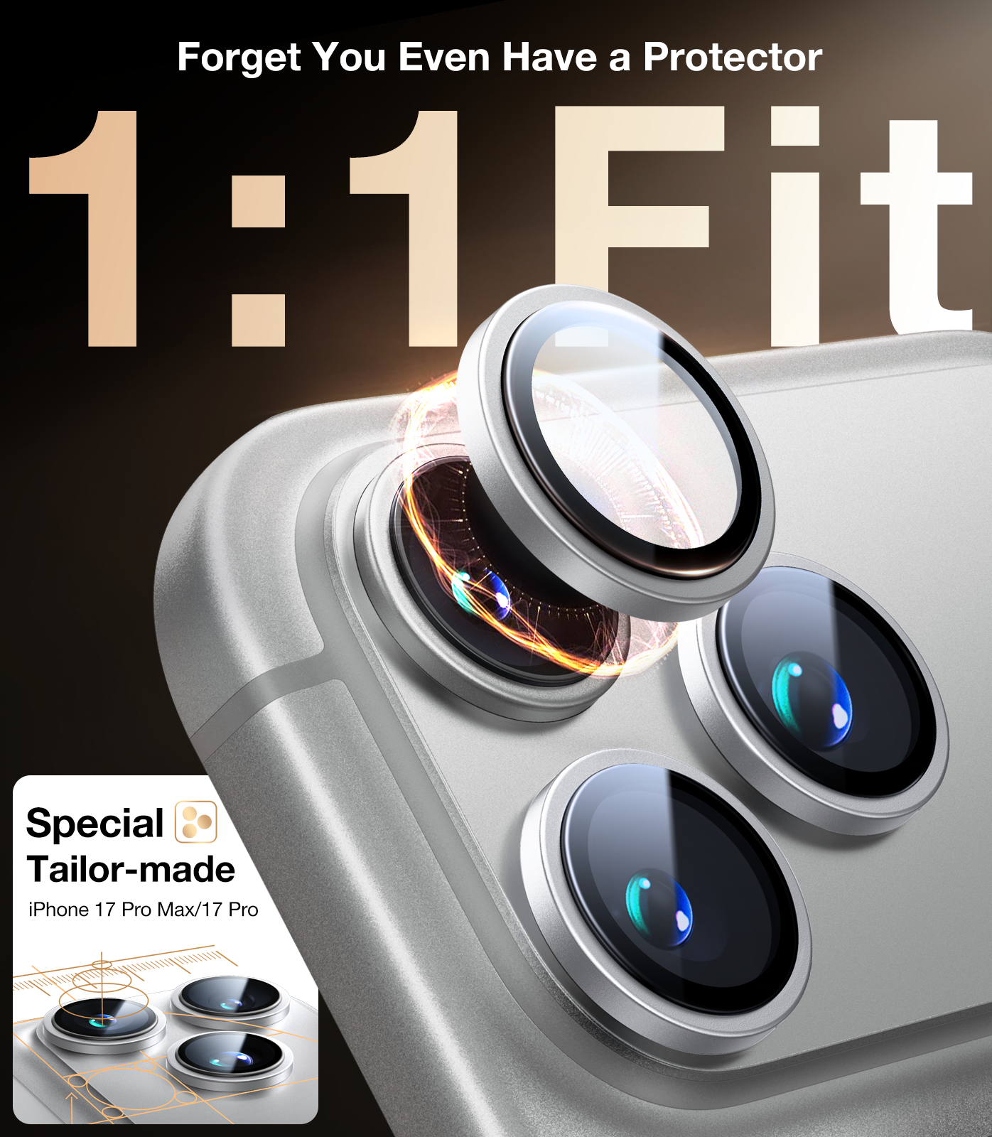 UltraGlass UNBREAK TOP 9H Glass for iPhone 17 Pro/Pro Max Camera Lens Protector, White Titanium